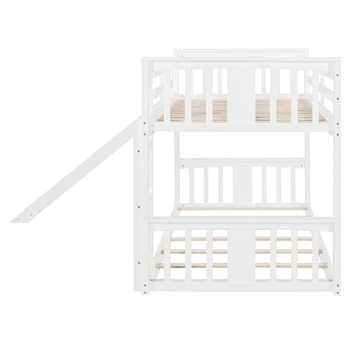 Ball & Cast Bunk Bed Twin Over Twin Beds,with Slide and Ladder,Wood Low Floor Bedframe w/Full-Length Guardrail & Space Saving,No Box Spring Needed,Bedroom Furniture for Student Dorms,White Ball & Cast