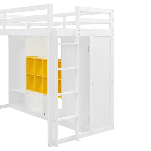 Ball & Cast Twin Size Loft Bed with Wardrobe and Reversible Staircase,Multifunction Wood Bed Frame W/Shelves & Cabinet,Full-Length Guardrails,No Box Spring Needed,for Bedroom,Student,White+Yellow Ball & Cast