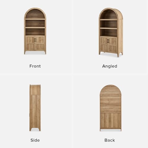mopio Lauren 65.4" Short Arched Cabinet, 5-Tier Arched Bookcase with Doors and Shelves, Mini Arched Bookshelf with Storage, Kitchen Pantry Cabinet, Wooden Storage Cabinet for Living Room (Oak) mopio