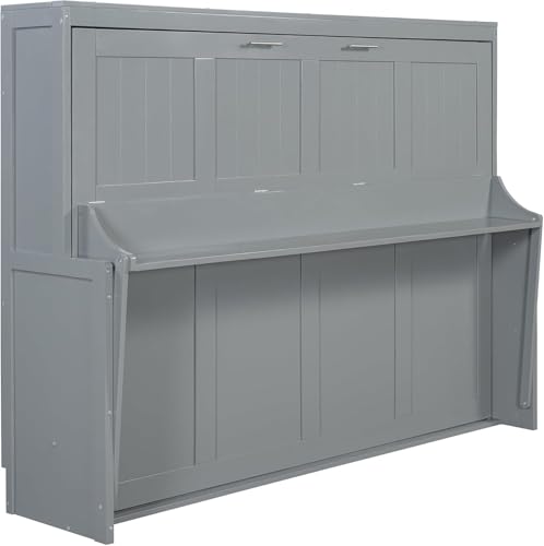 Queen Horizontal Murphy Bed with Desk,Solid Wood Folding Hideaway Murphy Wall Bed for Adult,Guest Room (Grey,Queen) MERITLINE