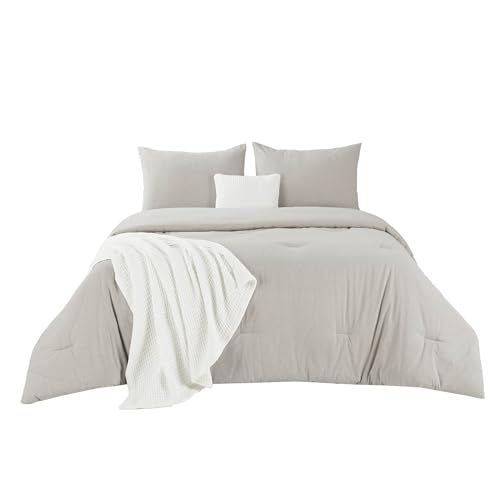 Bedsure 5 Pieces Cotton Comforter Set with Waffle Throw Blanket - Soft Breathable Bedding Set for All Seasons, Beige Queen Comforter, Pillow Shams, White 100% Cotton Blanket, Throw Pillow Bedsure