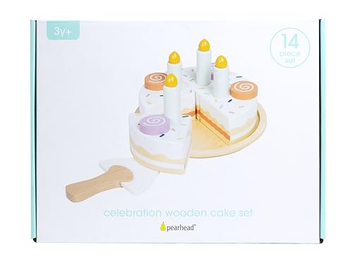 Pearhead Celebration Montessori Birthday Cake Toy Set, Wooden Play Toys for Developmental Learning, Play Kitchen Sets for Toddlers Ages 3+ Years, Pretend Play Food Sets, 14 Piece Wooden Play Toy Set Pearhead