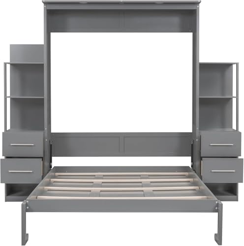 Queen Murphy Bed with Storage Drawers,LED Lights and Shelves,Wood Murphy Wall Bed Cabinet for Adults (Grey) MERITLINE