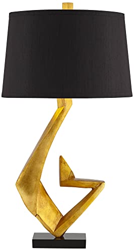 Possini Euro Design Zeus Mid Century Modern Glam Luxury Table Lamp 28.5" Tall Sculptural Gold Leaf Metal Black Fabric Tapered Drum Shade Decor for Living Room Bedroom House Bedside Nightstand Home Possini Euro Design