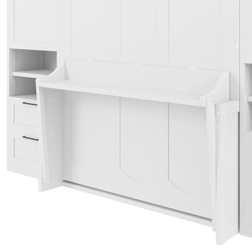 Full Size Murphy Bed with Closet, Wall Bed with Drawers and Shelves, Folding Cabinet Bed with Desk for Home Office, Studio, White Bellemave