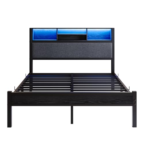 Crocofair Full Size Bed Frame with Charging Station and LED Lights,Upholstered Headboard with Storage Shelves, Metal Platform Bed Frame, Noise Free, No Box Spring Needed,Easy Assembly,Black Crocofair