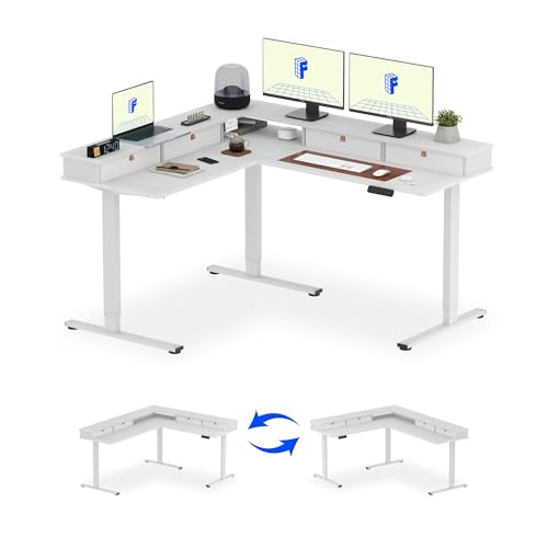 FLEXISPOT 63" L Shaped Standing Desk with Shelf Electric Corner Table, Drawers, Adjustable Computer Workstation for Home, Office,63x55in, White Top + White Frame FLEXISPOT