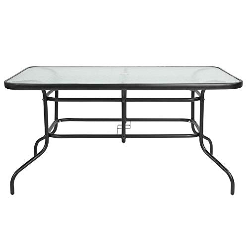 Flash Furniture Tory 31.5" x 55" Rectangular Tempered Glass Metal Patio Table with Umbrella Hole, Modern Rippled Glass Outdoor Dining Table, Black Flash Furniture