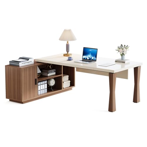 Tribesigns 71-Inch Executive Desk, L-Shaped Desk with Cabinet, Large Office Desk with Storage Shelves, Writing Table Desk Business Furniture Set for Home Office, Cream White Tribesigns