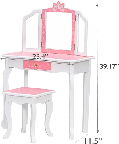 GAOMON Kids Vanity, Girls Vanity Table with Tri-Folding Mirror,Stool & Drawer, 2 in 1 Wooden Princess Makeup Desk Dressing Table, Toddler GAOMON