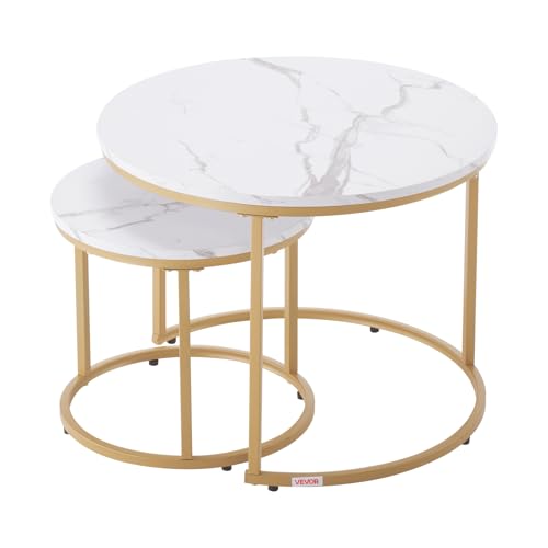VEVOR Nesting Tables, Coffee Table Set of 2, 23.6 inch Round Coffee Table, Small Coffee Tables Night Stand with Metal Frame, for Living Room, Bedroom, Office (White & Gold) VEVOR