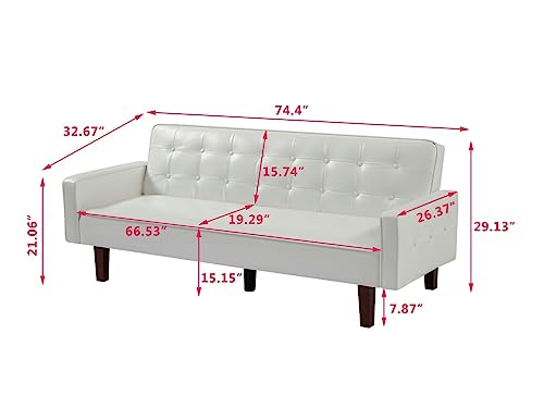 Zaboro Futon Sofa Bed, Convertible Sleeper Sofa, Loveseat Couch PU Leather Sofabed with Wooden Legs for Small Spaces Room Home Office Hotel with Adjustable Backrest, Reclining (White) Zaboro