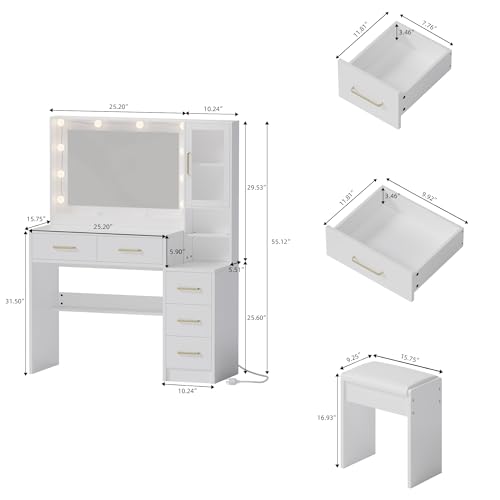 White Vanity Table with Drawer Dresser, Farmhouse Vanity Makeup Desk with Charging Station, Vanity Desk with Lights Mirror & Drawers for Makeup,Vanity Desk with Storage Shelf & 5 Drawers (Gold Handle) UGTOO