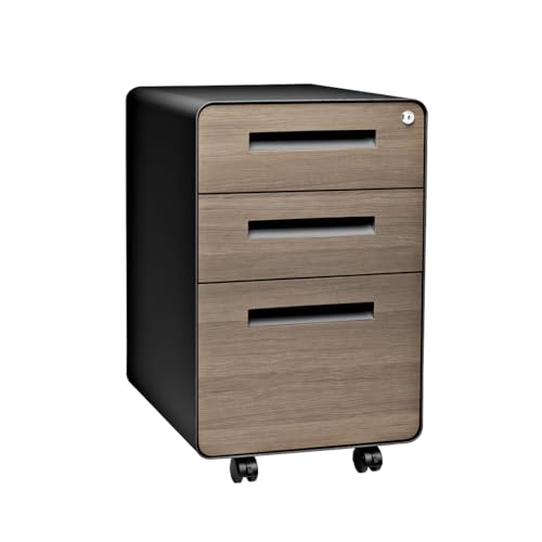 Laura Davidson Furniture Stockpile 3 Drawer File Cabinet with Lock - Under Office Desk Metal Filing Cabinet, Legal/Letter File Folders, Wheels and Stationary Feet, Pre-Assembled, Black/Wood Laura Davidson Furniture
