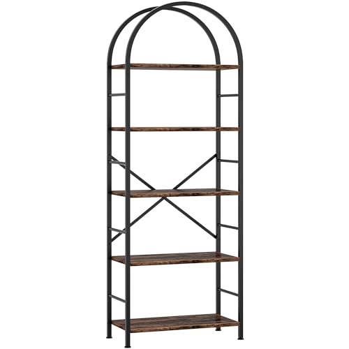 Shintenchi Bookshelf, Arched Bookshelf 5 Tier Bookcase, Tall Bookcase Shelf for CDs/Books, Home Office Bookcase Shelf Storage Organizer, Modern Book Shelf for Bedroom/Living Room, Rustic Brown Shintenchi
