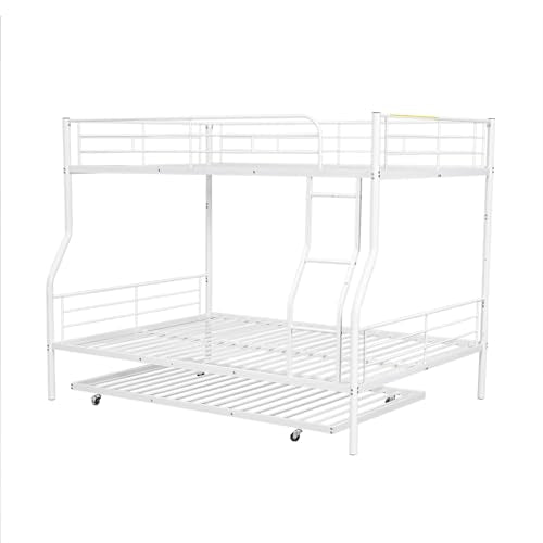 Bellemave Full XL Over Queen Metal Bunk Bed with Trundle, Bunk Bed Frame with Ladder and Safety Rails for Kids Triple Metal Bunk Can be Divided into Two beds, White Bellemave