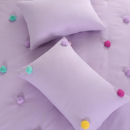 HOMBYS Pom Poms Bedding Comforter Set for Girls, 5 Piece Purple Boho Kids Comforter Set for All Season,Twin/Twin XL Size HOMBYS