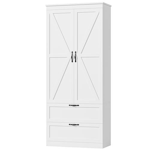 HOSTACK 70" Tall Kitchen Pantry Storage Cabinet, Barn Doors Pantry Cabinet with Drawers and Adjustable Shelf, Modern Farmhouse Storage Cabinet for Kitchen, Dining Room, Living Room, Bathroom, White HOSTACK