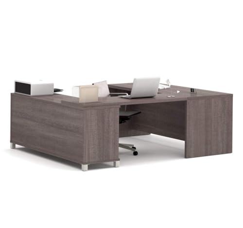 BOWERY HILL U-Shaped Computer Desk, Bark Gray Finish, 1.5" Commercial Grade Work Surface with Melamine, PVC Edge, Square Metal Legs, Adjustable Shelves, Reversible Design, 71.1" W x 89" D, Home BOWERY HILL