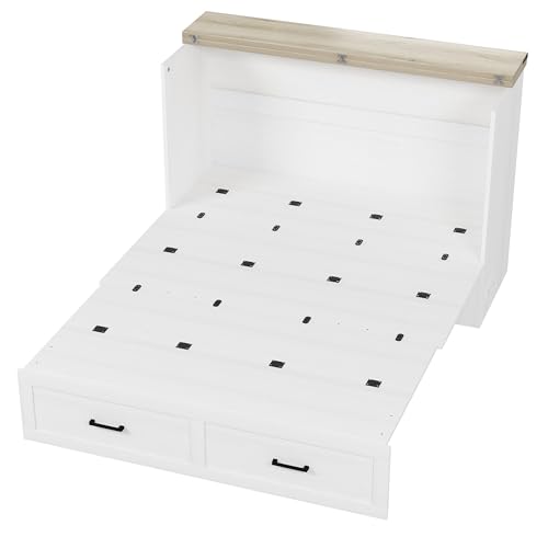 Harper & Bright Designs Queen Size Murphy Cabinet Bed with Charging Station & Storage Drawer, Farmhouse Style Wall Bed Folds into Cabinet, White