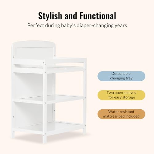 Dream On Me Anna 3-in-1 Convertible Full-Size Baby Crib & Changer with Storage in White, GreenGuard Gold & JPMA, Pinewood, Converts to Day & Toddler Bed, 3 Mattress Heights, 1″ Changing Pad