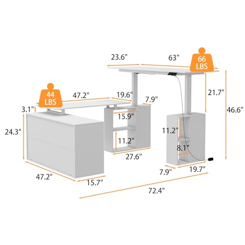 TAMUNE U-Shaped Electric Standing Desk with Drawer and Doors, Adjustable Sit Stand Desk with Open Shelves, for Home Office White 63" D x 72.4" W x 28.1"-46.6" H TAMUNE