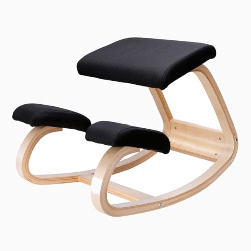 Desky Ergonomic Black Kneeling Chair – Adjustable Wooden Frame with Cushioned Seat and Knee Pads, Natural Finish, Home Office & Study Support Desky