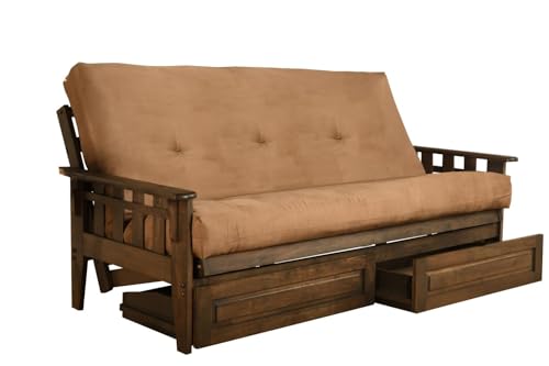 Jerry Sales FutonX Rustic Walnut Frame and Mattress Set with Choice to add Drawers, 8 Inch Innerspring Futon Sofa Bed Full Size Wood (Biege Matt, Frame and Drawers) Jerry Sales