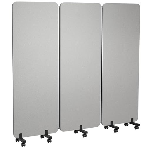 KERRAM 3 Panel Foldable Office Partitions, Mobile Cubicle Wall with Wheels, 71 x 66 Inch Noise Cancelling & Sound Proof Room Dividers Partition Wall, Aluminum Frame Gray KERRAM