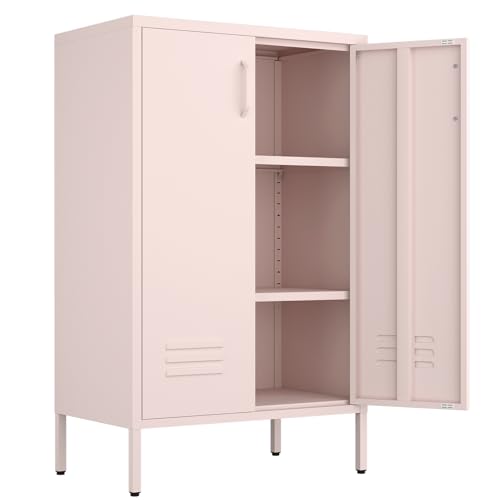 IRONFFICE Storage Cabinet,Metal Cabinets with Doors and Shelves,2 Doors Locker Cabinet with Legs,Metal Locker Storage Cabinets,Entryway Cabinet for Office,Classroom,Bedroom,Pink IRONFFICE