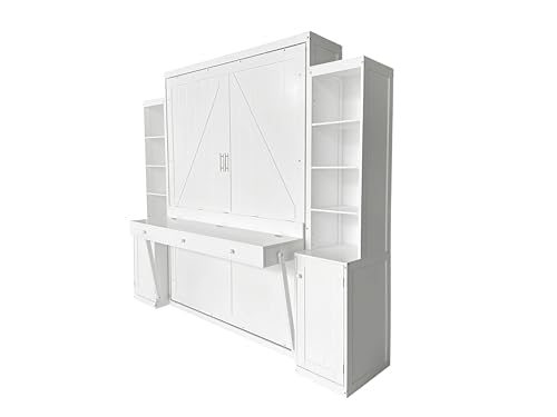 PVWIIK Queen Size Murphy Bed with Desk & Charging Station,Wall Bed Frame Folding into Cabinet Design w/LED & Storage Shelf for Small Space,Bedroom,Guest Room,White PVWIIK