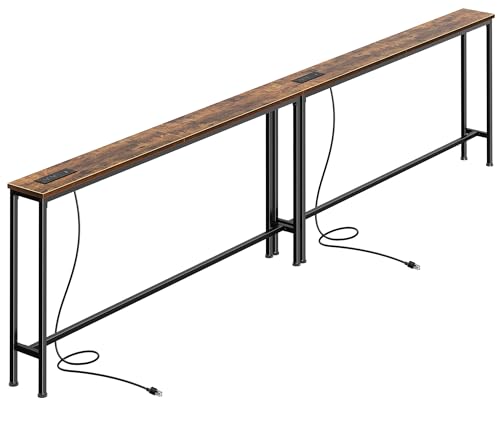 SUPERJARE 110.2 Inch Sofa Table with Power Outlets and USB-C Ports, 5.9 Inch Narrow Console Tables, Entryway Hallway Couch Tables with Storage, Behind Sofa, Small Spaces, Living Room, Rustic Brown SUPERJARE
