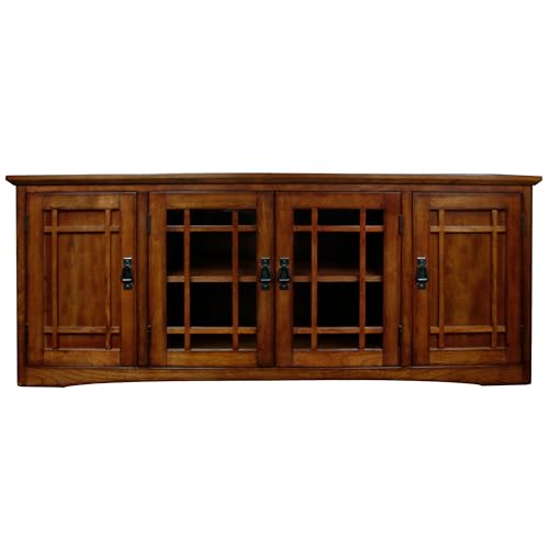Leick Home 82360 Solid Wood Mission Oak Four Door TV Stand For 65" TVs Universal TV Console Living Room Storage Shelves Entertainment Center, Mission Oak Leick Home