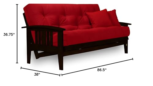 Nirvana Futons Westfield Complete Futon Set - Espresso Finish (Warm Black) – Large Queen Size, Mission Style Wood Futon Frame with Mattress Included (Twill Red), More Mattress Colors Available Nirvana Futons