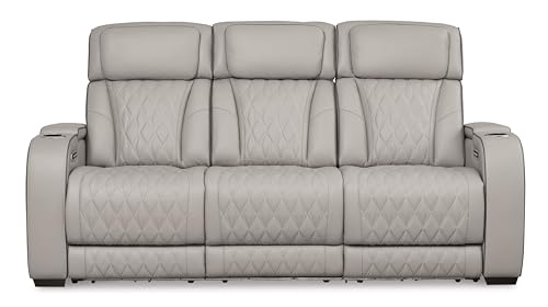 Signature Design by Ashley Boyington Contemporary Leather Match Power Reclining Sofa with USB Charging Ports, LED Lights and Adjustable Headrest, Light Gray Signature Design by Ashley
