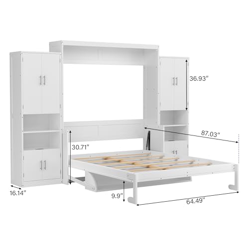 PVWIIK Queen Size Murphy Bed with Desk & Charging Station,Wall Bed Frame Folding into Cabinet Design w/Two Slide Storage Shelf for Small Space,Bedroom,Guest Room,White PVWIIK