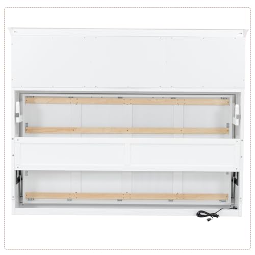 TCMILA Twin Size Horizontal Murphy Cabinet Bed with Storage Drawer, 2-Cabinets, USB-Port, Plug Outlet, Foldable Murphy Wall Bed with Wooden Headboard, Space Saving, for Kids Adults, White TCMILA