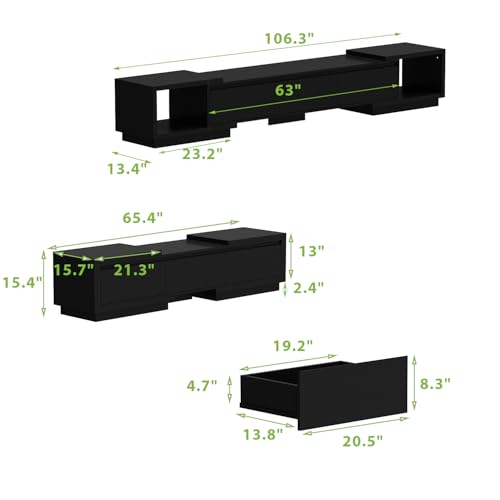Timechee Black TV Stands for Living Room, Extendable Under TV Table Stand Cabinet with Drawers, Entertainment Center with Storage, Modern Entertainment Media Console Center for Living Room, Bedroom Timechee