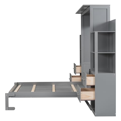 Harper & Bright Designs Full Murphy Bed with Storage Shelves, Drawers and LED Light, Cabinet Full Bed with Flexible Slats Support, Wood Foldable Wall Bed Frame for Home Office Studio, Gray Harper & Bright Designs