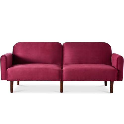 Best Choice Products 77" Mid Century Modern Velvet Loveseat Sofa, Couch, Convertible Sofa Sleeper Bed w/Real Wood, Removable Armrest - Raspberry Best Choice Products