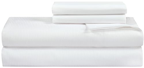 Royale Linens 300 Thread Count 100% Long Staple Combed Cotton Stripe Sheet Set - 4 Piece Queen Bed Sheets - 1 Fitted, 1 Flat & 2 Pillow cases - Soft Cool & Crisp Sheet Set (Queen, Narrow Stripe White) ROYALE LINENS
