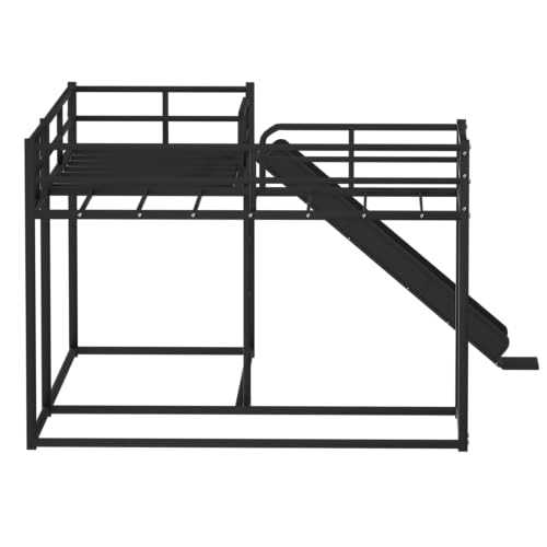 Ball & Cast L-Shaped Bunk Bed with Slide and Short Ladder,Metal Corner Bed Frame w/Full Length Guardrail,Heavy-Duty 4 Bunkbed or Apartment,Bedroom,Guest Room,Black Ball & Cast