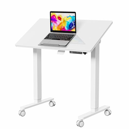 Liftsync 35inch Glass Standing Desk,90° Tiltable Mobile Rising Desk Height Adjustable,Whole Piece Rolling Drafting/DrawingTable with Wheels,Foldable Small Laptop Art Desk,White Liftsync