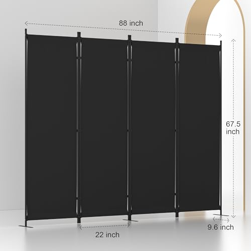 Room Divider, 4 Panel Folding Privacy Screen, 88” Portable Separating with 3 Metal Feet, Partition Room Dividers, Lightweight Freestanding Wall Divider Screen for Office Bedroom Hospital(Black) Phonjoroo