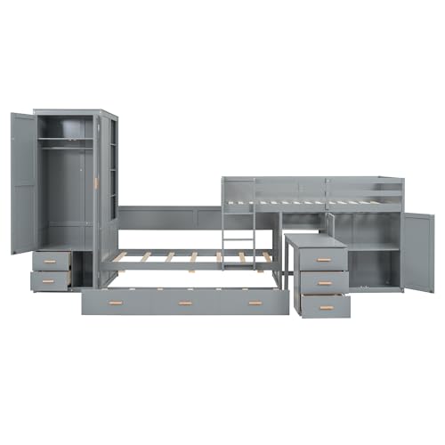 YOPTO Twin Size Bunk Bed with Trundle,Wardrobe,Desk,2 Cabinets and 5 Drawers,Multifunctional Wood Bed Frame W/Integrated Ladder,Safety Guardrails & Slats Support,Easy Assembly,for Kids,Teens,Gray YOPTO