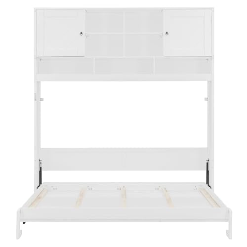 SOFTSEA Queen Size Horizontal Murphy Bed with Shelves, Foldable Wall Bed with Top Cabinets, Space-Saving Hidden Murphy Bed Frame for Guest Room, Bedroom, Office, White SOFTSEA