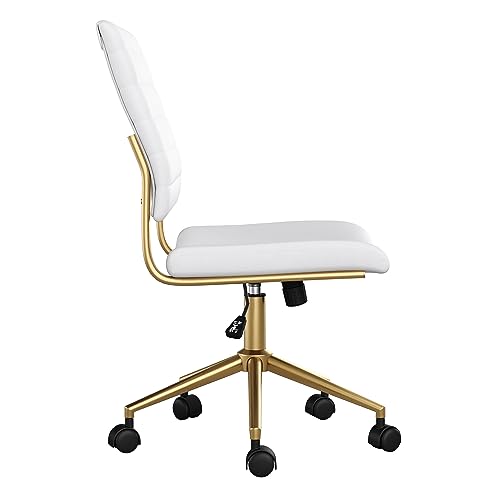 Martha Stewart Ivy Armless Swivel Task Chair for Home Office in White Faux Leather with Polished Brass Frame Martha Stewart