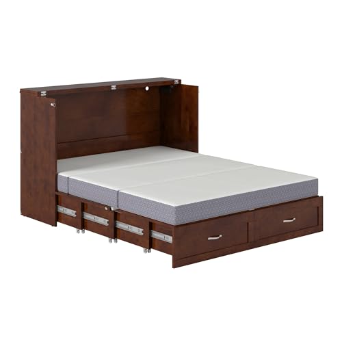 AFI, Marion Queen Wood Murphy Bed Chest with 6" Mattress, Storage Drawer, & Built-in Charger, Walnut AFI