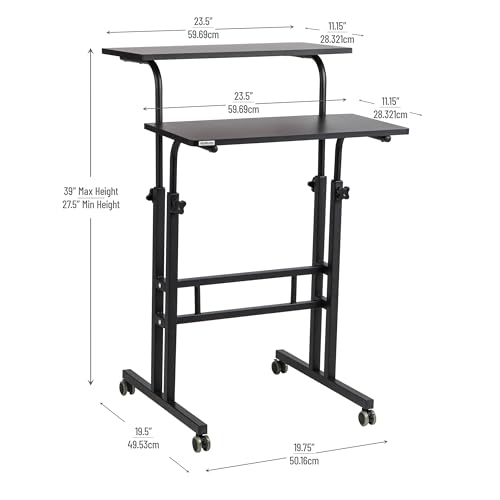 Mind Reader Standing Desk, Adjustable Height Laptop Workstation, Portable Rolling Desk on Wheels, Two-Tier Metal Frame, Black Mind Reader