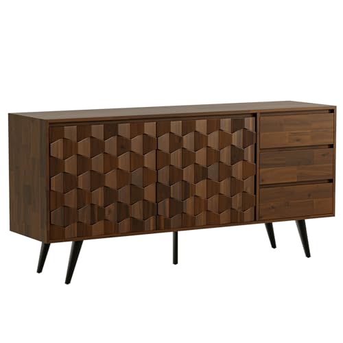 Bme 61'' Mid Century Modern Cabinet with Geometric Pattern for Kitchen, Dining, Living Room Sideboard Georgina Solid Wood 2 Doors & 3 Drawers, Walnut Bme